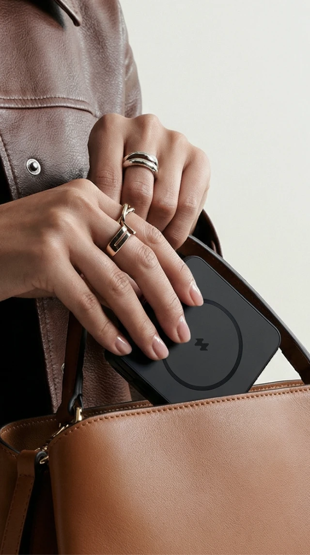 Składana ładowarka indukcyjna 15 W Noto Charge Pad Go w czarnym kolorze wkładana do damskiej torebki.