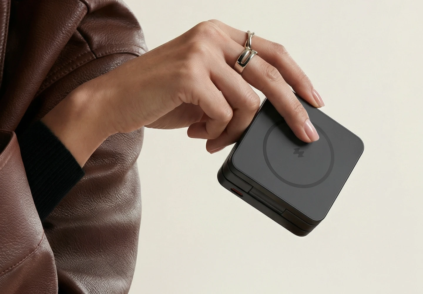 Składana, czarna ładowarka indukcyjna 15 W Noto Charge Pad Go w kompaktowej formie, prezentowana w dłoni.