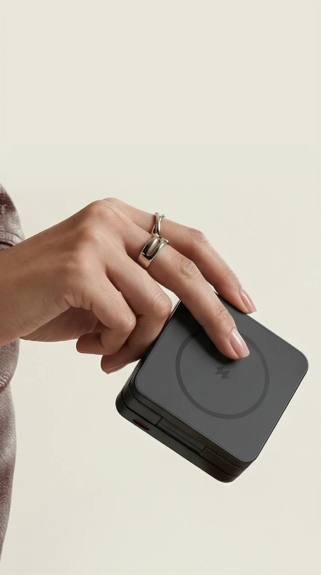 Składana, czarna ładowarka indukcyjna 15 W Noto Charge Pad Go w kompaktowej formie, prezentowana w dłoni.