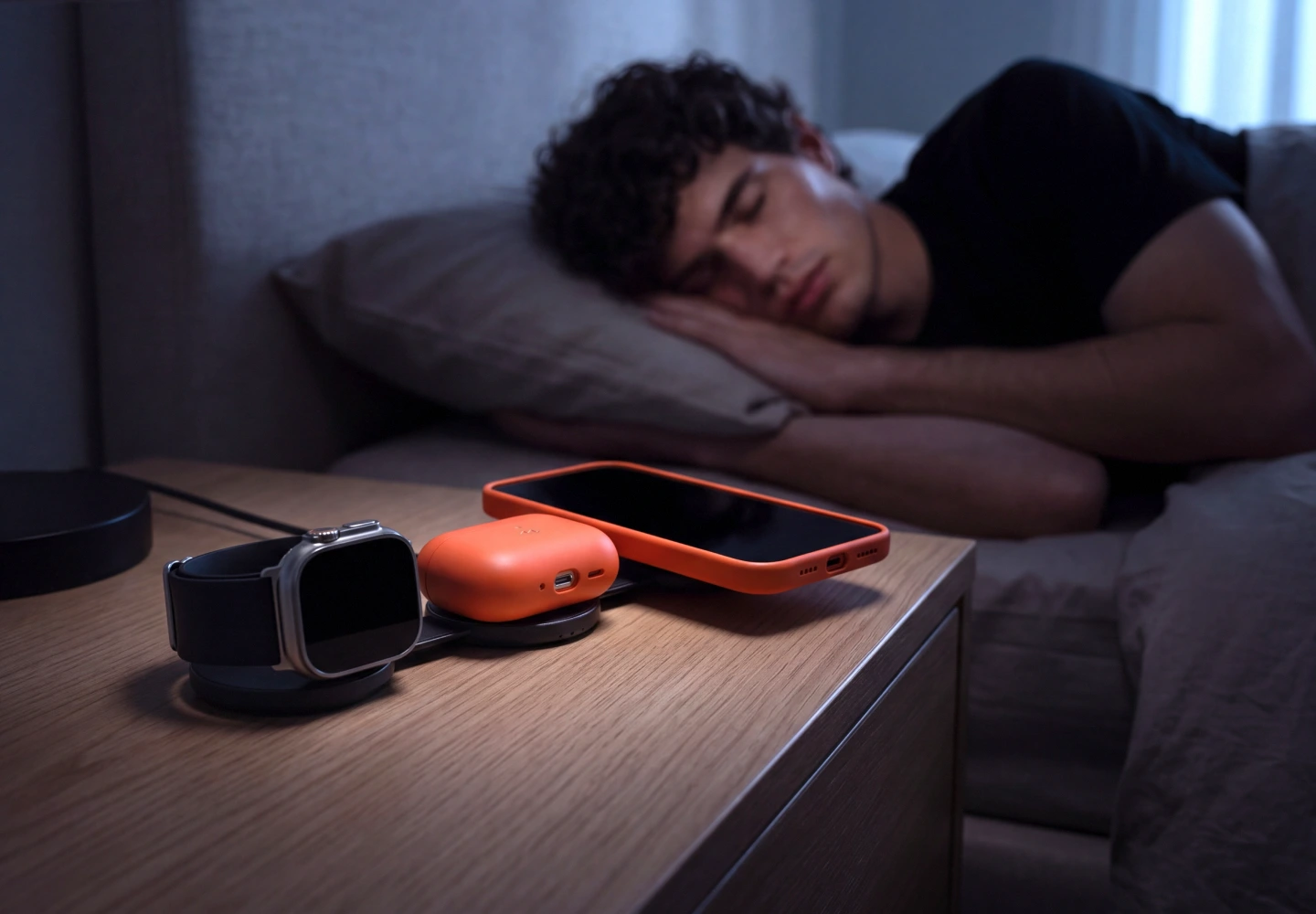 Biała, składana mini ładowarka indukcyjna 15 W Noto Charge Pad Go ładuje iPhone’a, Apple Watch i AirPods na stoliku obok łóżka.