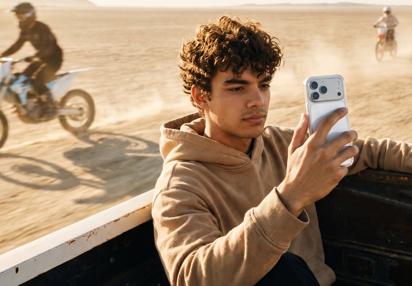 Młody mężczyzna trzyma Apple iPhone 18 Pro Max z burgundowym, zintegrowanym szkłem Notomi prezentując ochronę smartfona podczas nagrywania wideo na pustyni.