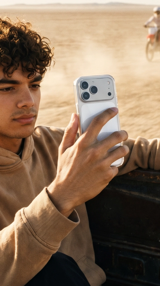 Młody mężczyzna trzyma Apple iPhone 18 Pro Max z burgundowym, zintegrowanym szkłem Notomi prezentując ochronę smartfona podczas nagrywania wideo na pustyni.