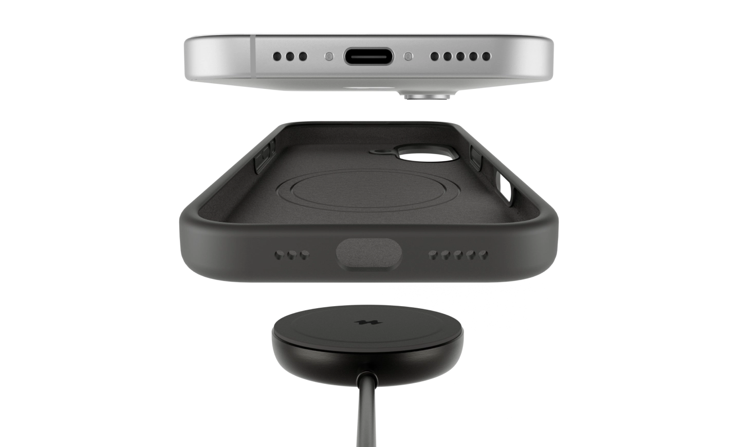 Pomarańczowe etui silikonowe MagSafe Notomi do iPhone 18 Pro Max pokazane z telefonem i ładowarką magnetyczną.