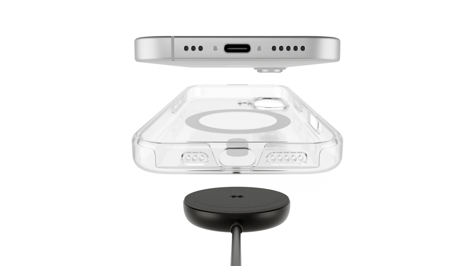Transparentne etui Clear MagSafe Notomi do iPhone 15 pokazane z telefonem i ładowarką indukcyjną.