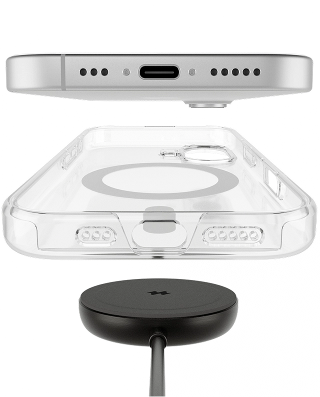 Transparentne etui Clear MagSafe Notomi do iPhone 15 pokazane z telefonem i ładowarką indukcyjną.