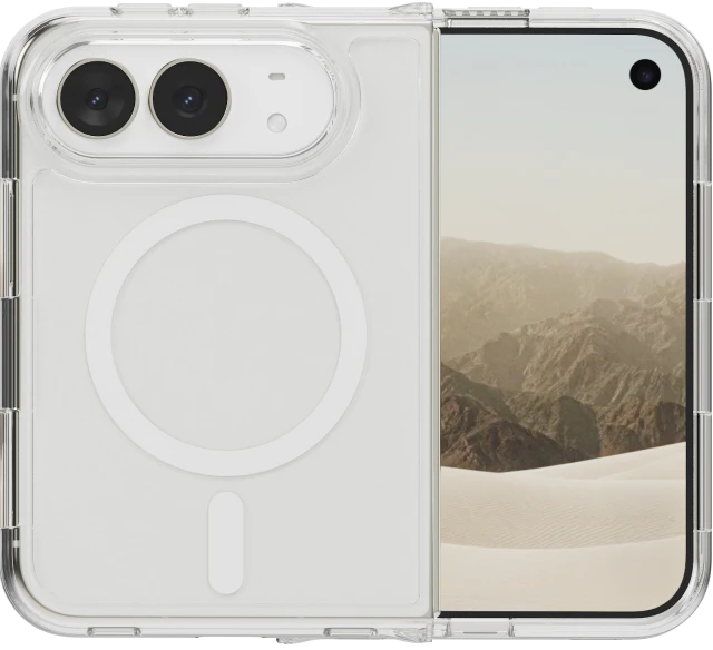 Przezroczyste etui z TPU Clear MagSafe Notomi do iPhone Duo, pokazujące dopasowaną konstrukcję, osłonę boków, narożników i modułu aparatu dla ochrony smartfona przed codziennymi uszkodzeniami.