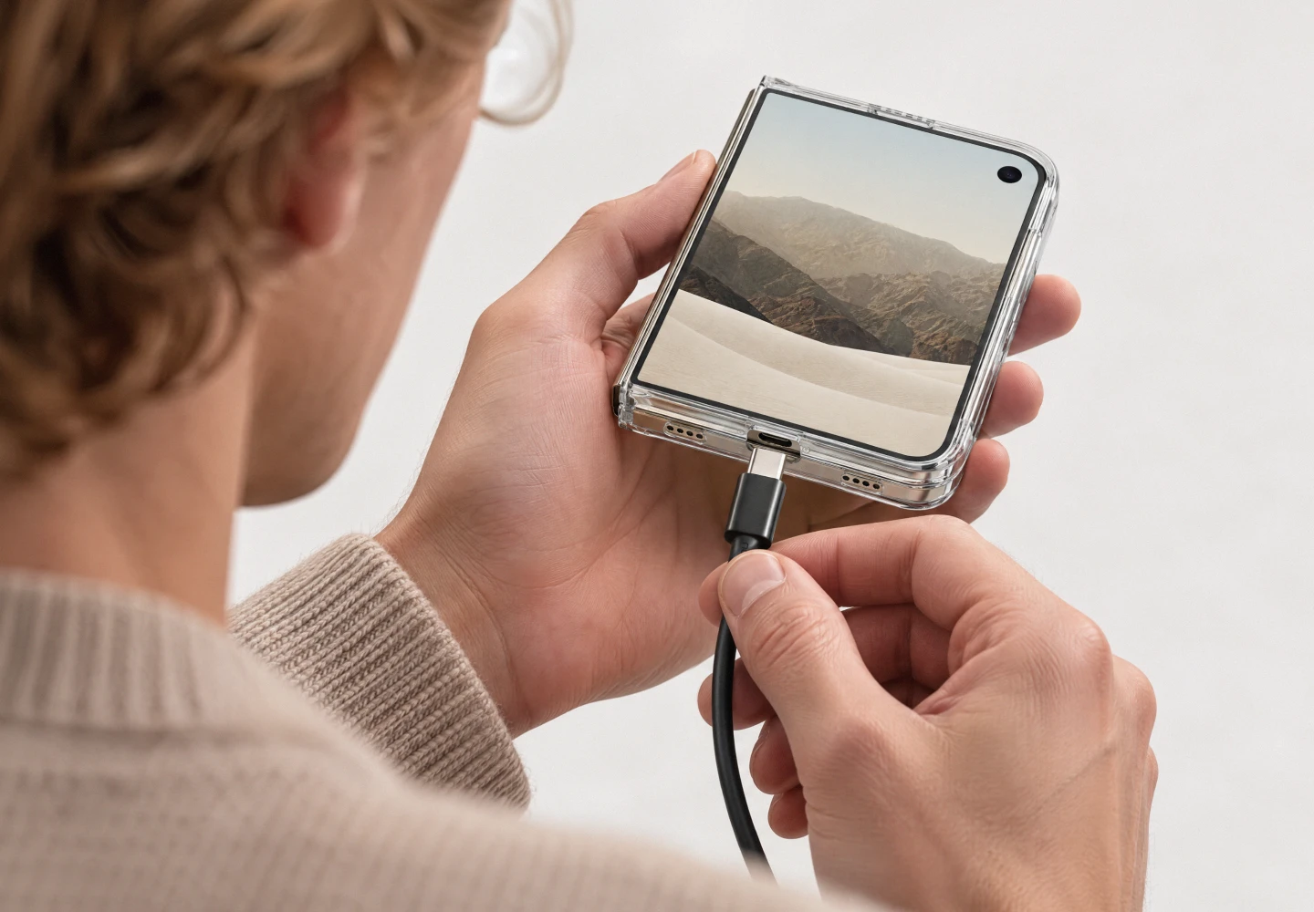 Mężczyzna prezentuje iPhone Duo w przezroczystym etui z TPU Clear MagSafe Notomi z podłączonym przewodem ładowania, pokazując dopasowanie etui i wygodny dostęp do portu USB-C.
