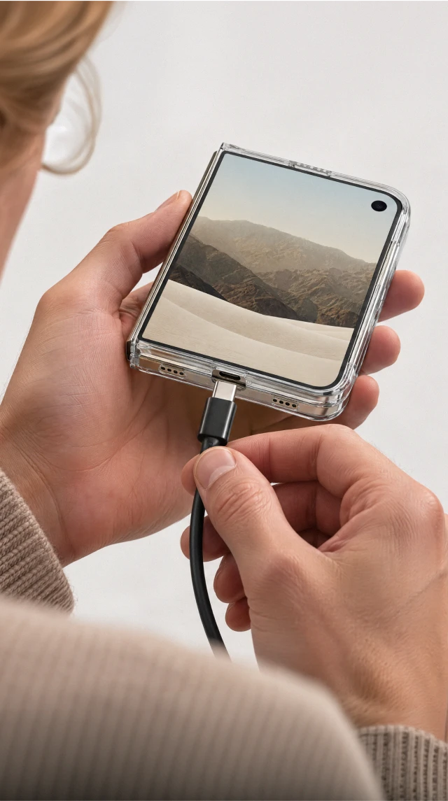 Mężczyzna prezentuje iPhone Duo w przezroczystym etui z TPU Clear MagSafe Notomi z podłączonym przewodem ładowania, pokazując dopasowanie etui i wygodny dostęp do portu USB-C.