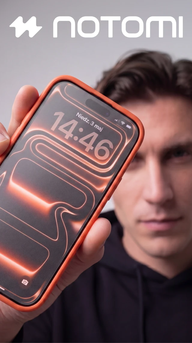 Mężczyzna prezentuje iPhone 16 z matowym szkłem hartowanym Notomi 9H.