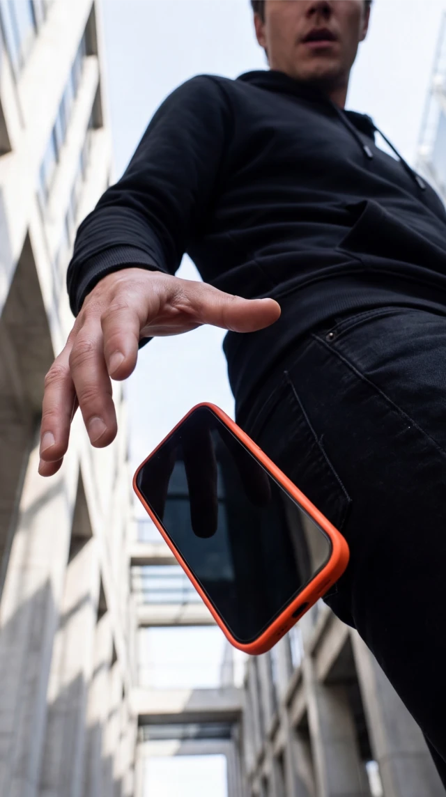 Mężczyzna upuszcza smartfon ze szkłem hartowanym Notomi 9H, pokazując ochronę ekranu przed uderzeniami.