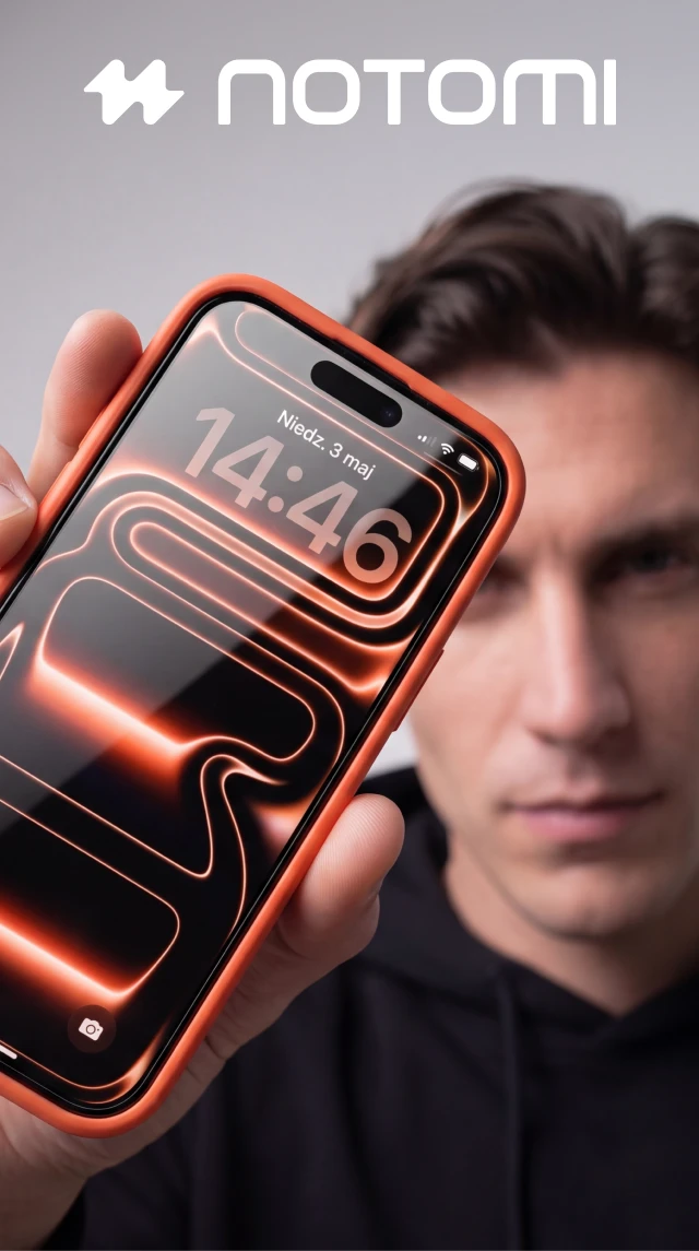 Mężczyzna prezentuje iPhone ze szkłem hartowanym Notomi 9H, niemal niewidocznym po nałożeniu.