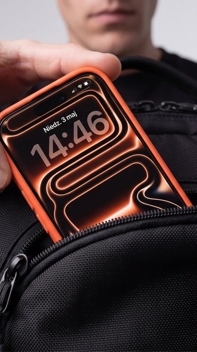 Mężczyzna wkłada iPhone ze szkłem hartowanym Notomi 9H do torby, pokazując ochronę ekranu przed zarysowaniami.