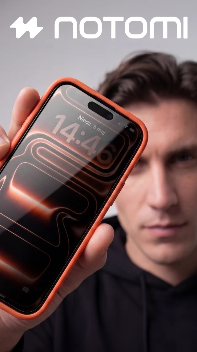 Mężczyzna prezentuje iPhone 18 Pro Max z prywatyzującym szkłem hartowanym Notomi 9H.