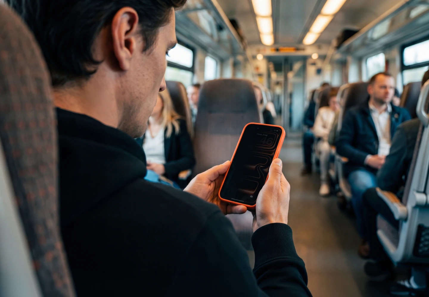 Mężczyzna trzyma iPhone ze szkłem hartowanym prywatyzującym 9H Noto Guard Glass prezentując działanie filtra prywatności podczas jazdy w pociągu.