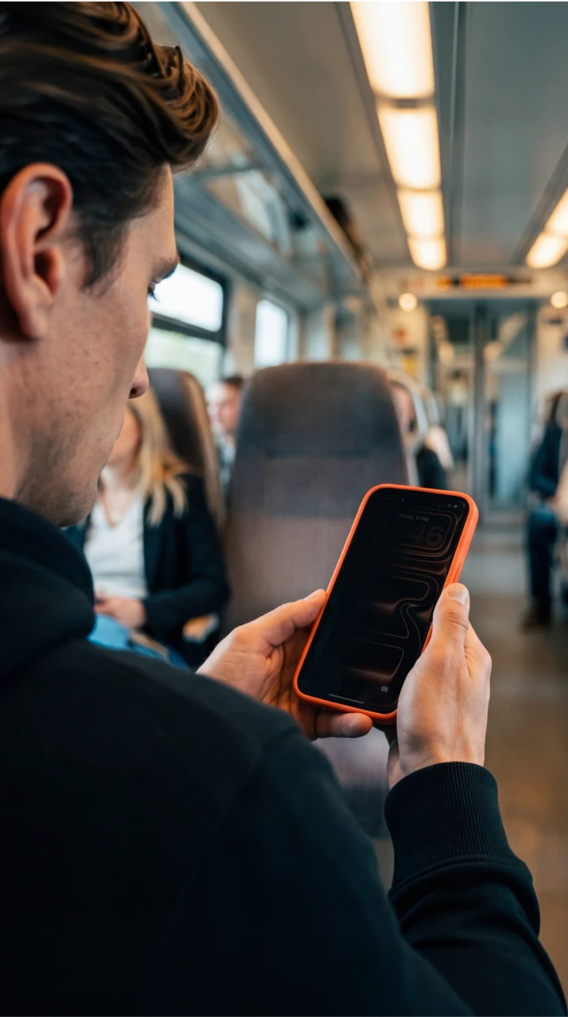 Mężczyzna trzyma iPhone ze szkłem hartowanym prywatyzującym 9H Noto Guard Glass prezentując działanie filtra prywatności podczas jazdy w pociągu.