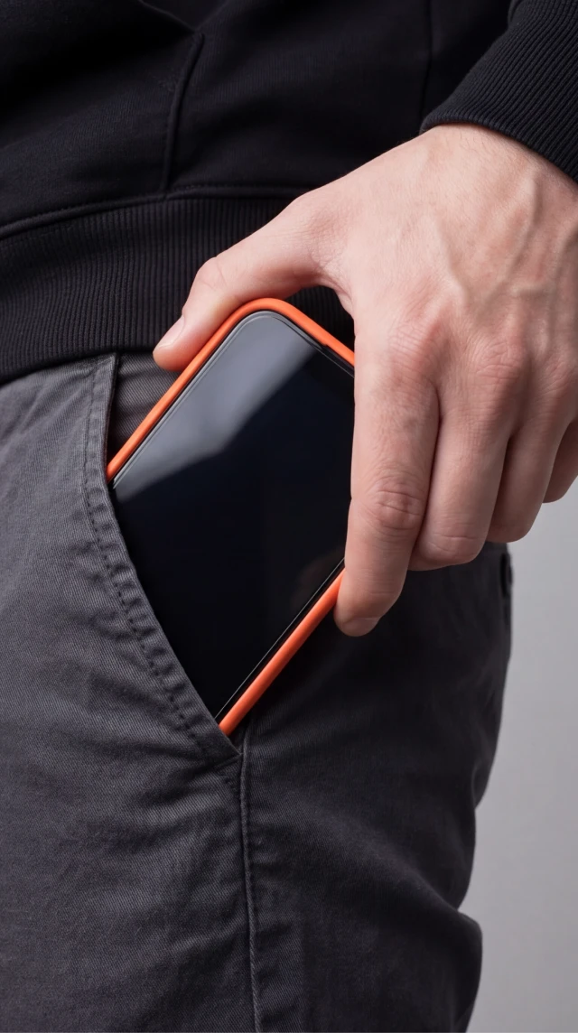 Mężczyzna wkłada iPhone z prywatyzującym szkłem hartowanym Notomi 9H do kieszeni, pokazując pełne pokrycie ekranu i dopasowanie do etui.