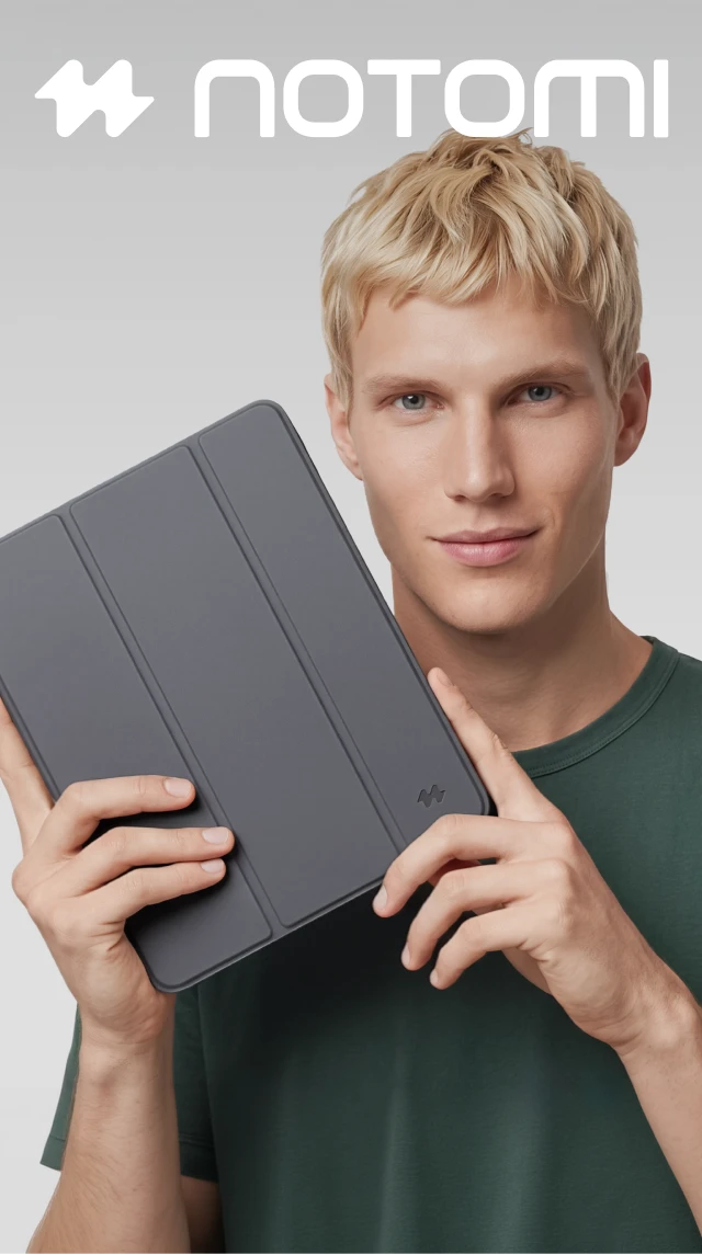 Mężczyzna prezentuje szare etui Notomi ze skóry ekologicznej do iPad mini 7 8,3 cali.