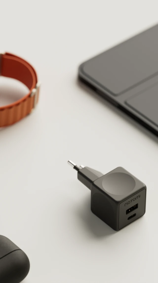 Kompaktowa ładowarka sieciowa Notomi 20 W obok telefonu, smartwatcha i tabletu.