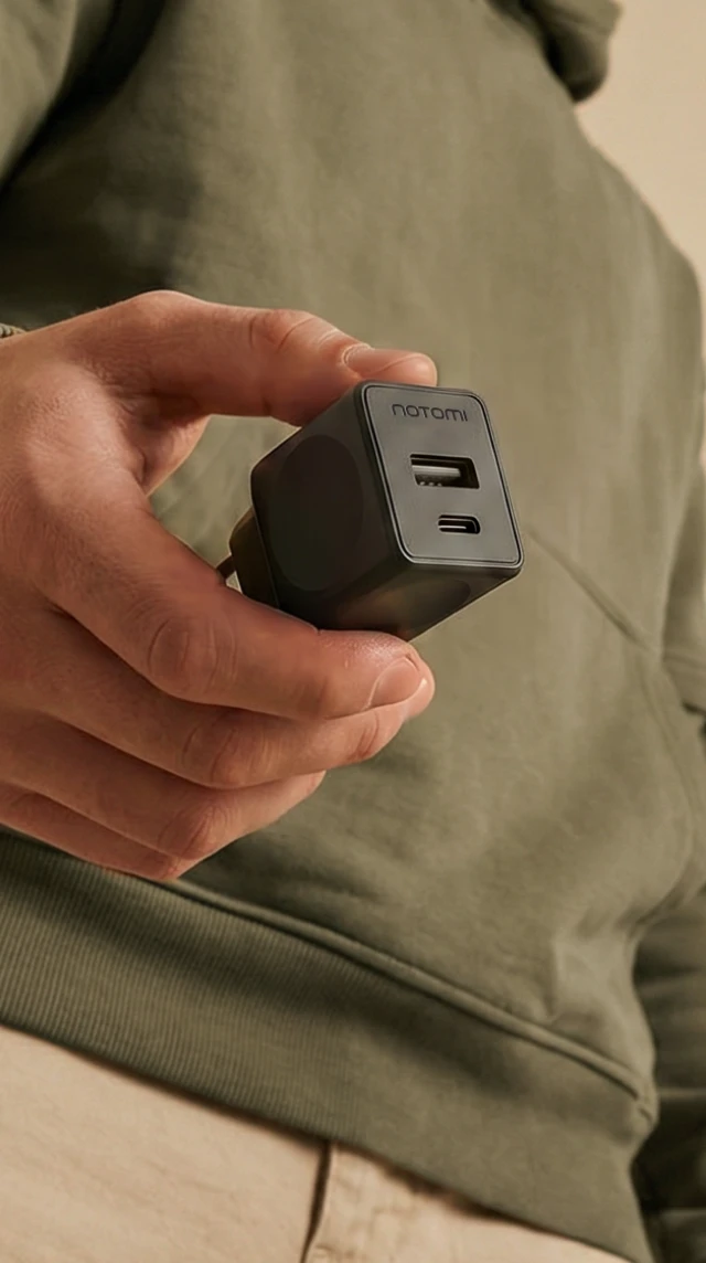 Kompaktowa ładowarka sieciowa Notomi 20 W trzymana w dłoni, z portami USB-A i USB-C do wygodnego ładowania smartfona, tabletu i innych urządzeń mobilnych.