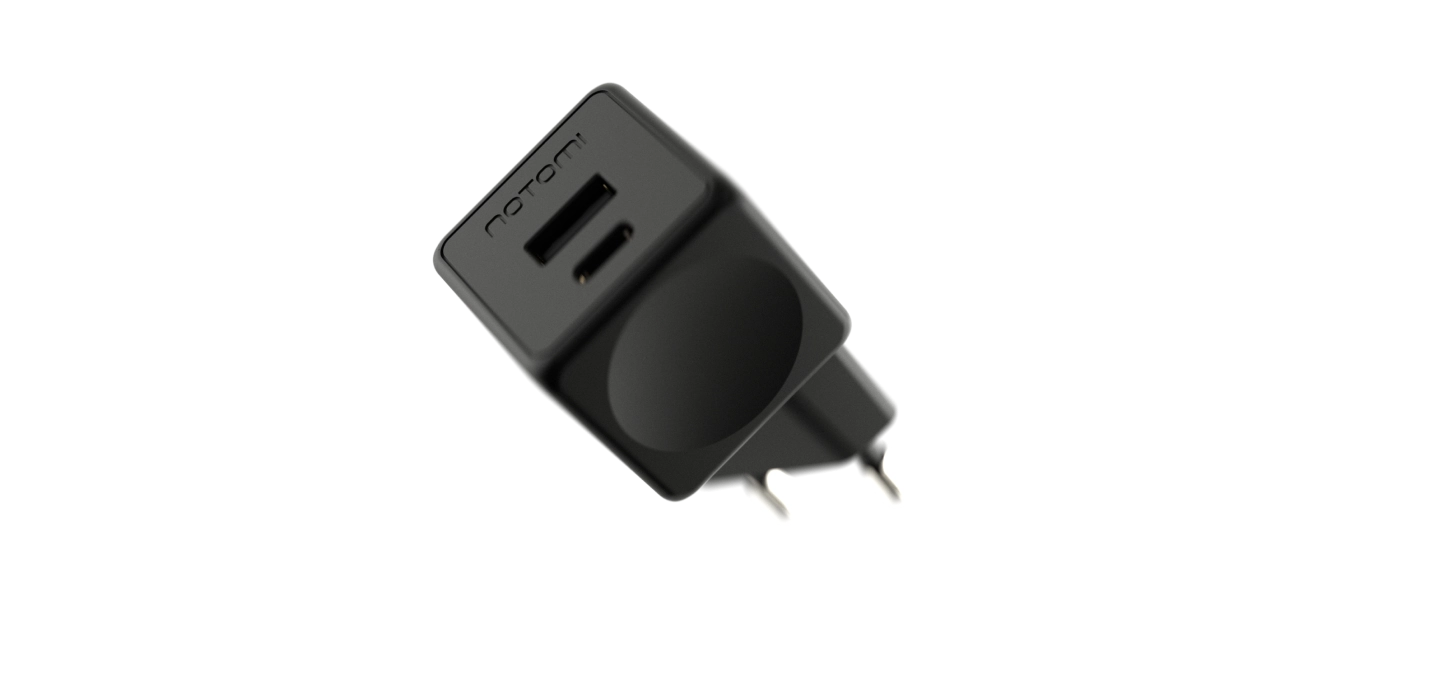 Kompaktowa czarna ładowarka sieciowa Notomi 20 W z portami USB-A i USB-C.