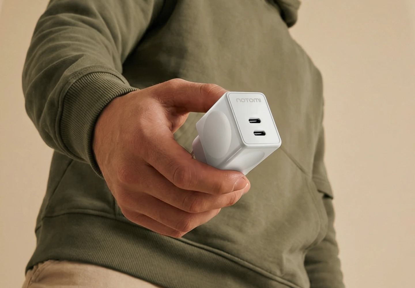 Kompaktowa Biała ładowarka sieciowa Notomi 48 W 2x USB-C trzymana w dłoni.