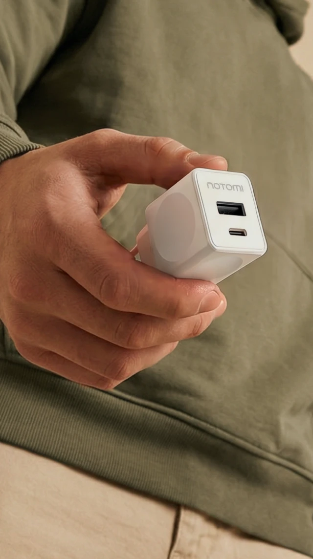 Kompaktowa biała ładowarka sieciowa Notomi 20 W trzymana w dłoni, z portami USB-A i USB-C do wygodnego ładowania smartfona, tabletu i innych urządzeń mobilnych.