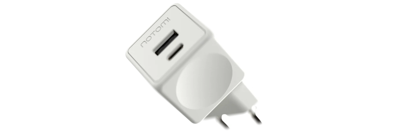 Kompaktowa biała ładowarka sieciowa Notomi 20 W z portami USB-A i USB-C.