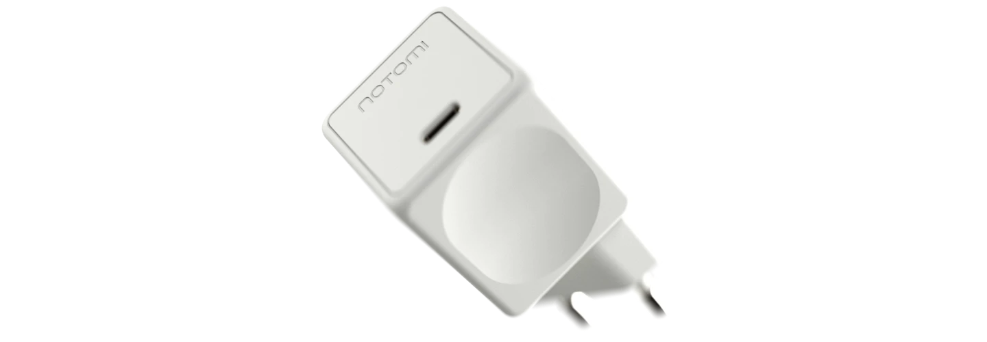 Kompaktowa biała ładowarka sieciowa Notomi 20 W z portami USB-A i USB-C.