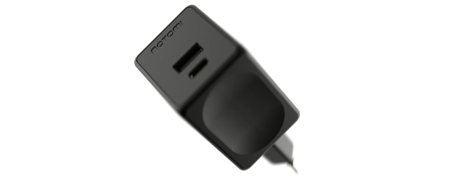 Kompaktowa czarna ładowarka sieciowa Notomi 48 W z portami USB-A i USB-C.